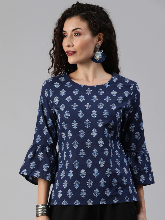 Women Navy Blue Printed Bell Sleeved Top