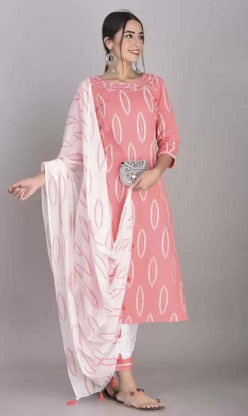 Women Pink Cotton Blend Kurta, Pant & Dupatta Set