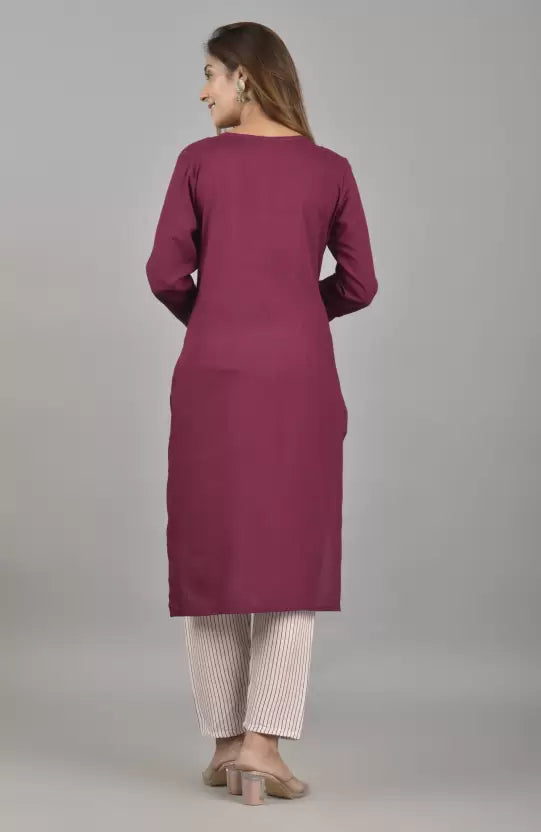 Women Viscose Rayon Wine Kurta and Pant Set