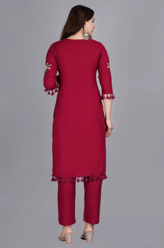 Women Maroon Embroidered Kurta set with Dupatta