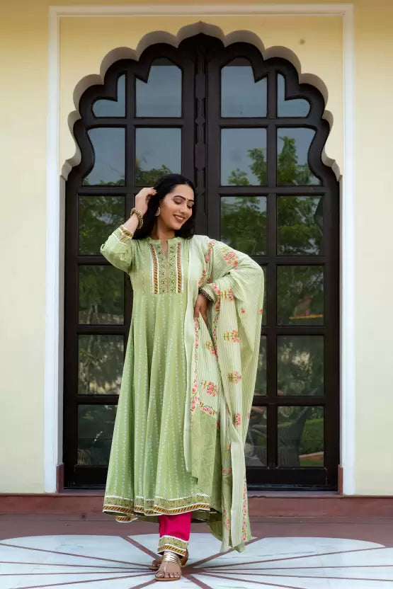 Women Green Printed Anarkali Kurta, Bottom & Dupatta Set