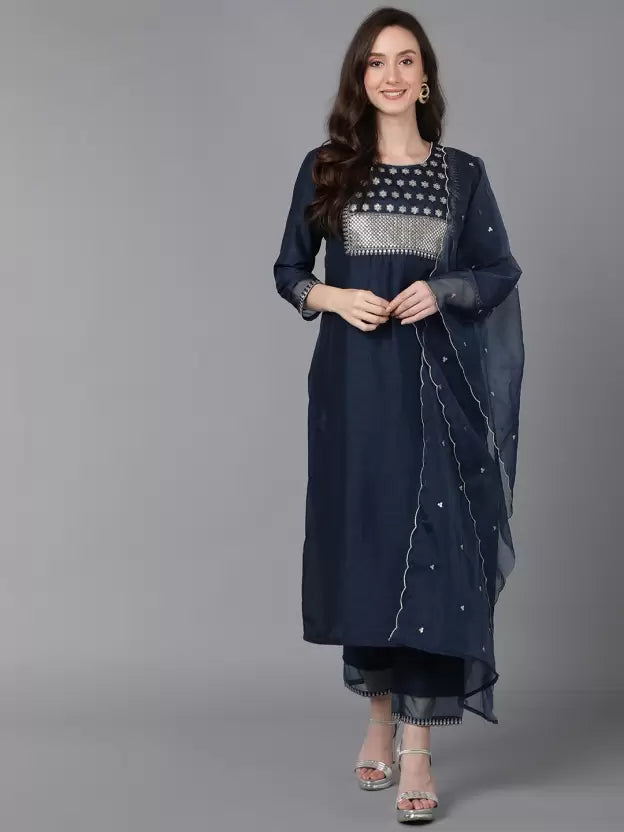 Women Silk Blend Blue Kurta, Pant And Dupatta Set