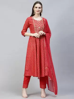Women Red Cotton Blend Kurta, Pant And Dupatta Set