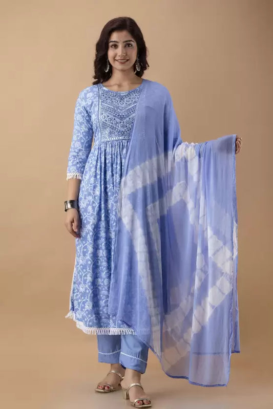 Women Cotton Rayon Nyra cut Kurta, Pant And Dupatta Set