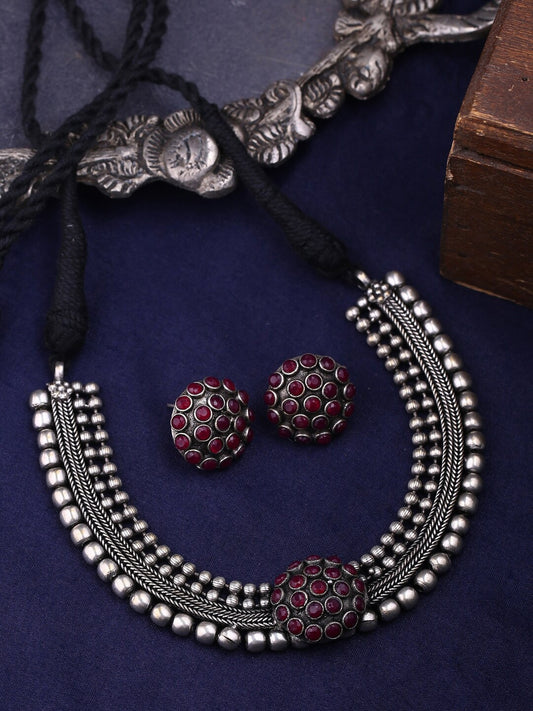 Oxidized Silver-Plated Floral Design Jewellery Set