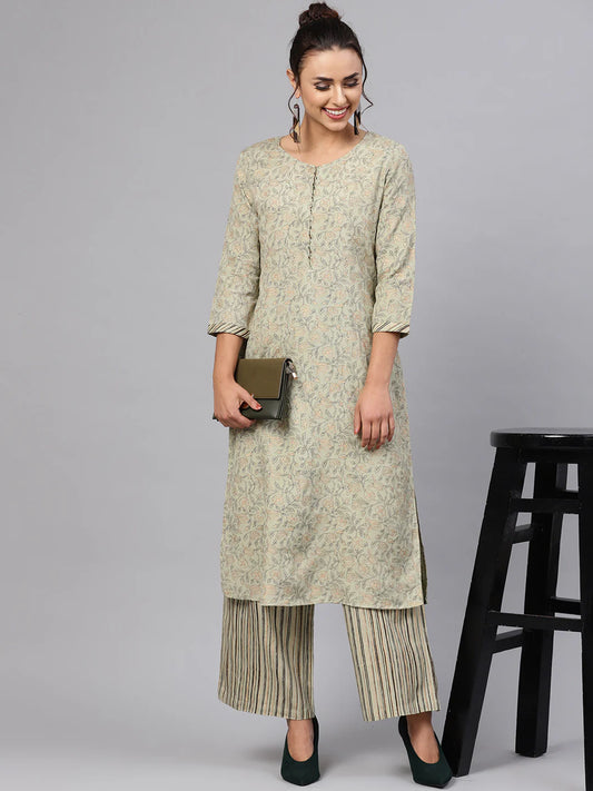 Women Cream-Coloured Floral Printed Kurta with Palazzos