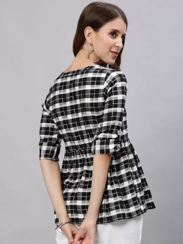 Casual Bell Sleeves Checkered Women Black Top