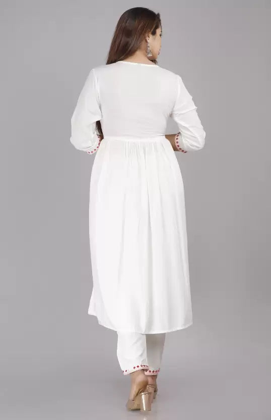 Women White Viscose rayon Tie-side White Kurta set