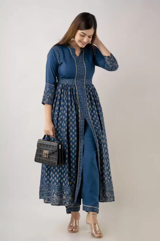 Women Blue Viscose Rayon Front-slit Kurta and Pant Set