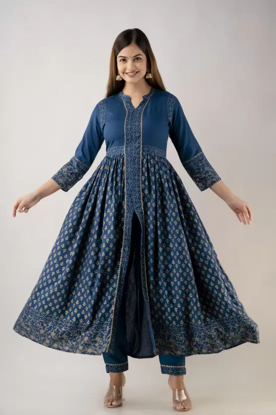 Women Blue Viscose Rayon Front-slit Kurta and Pant Set