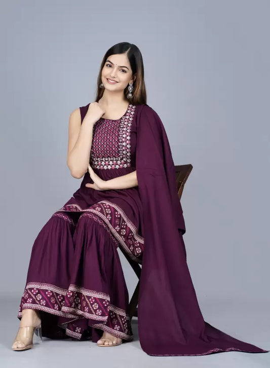 Women Cotton Blend Purple Kurta, Sharara and Dupatta Set Cotton Blend