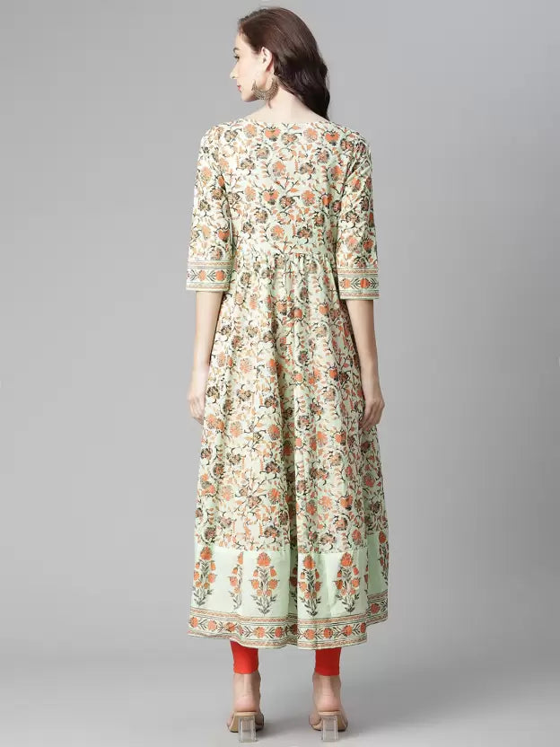 Women Navy Blue & Orange Printed Kurta Set