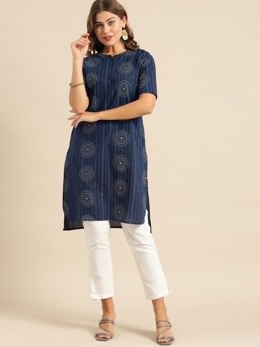 Women Navy Blue Cotton Ethnic Printed Kurta