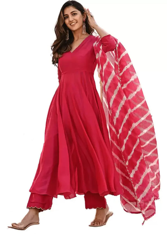 Women Pink Viscose Rayon Kurta, Pant And Dupatta Set