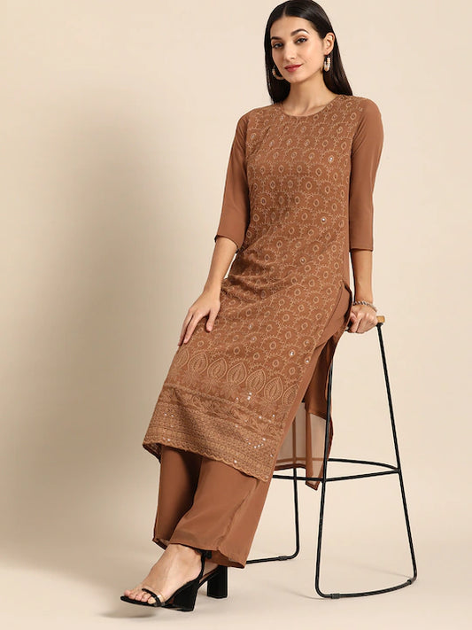 Women Brown Ethnic Motifs Embroidered Chikankari Kurta with Palazzos